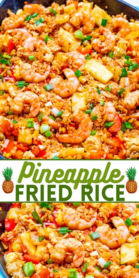 Pineapple Fried Rice - A Hawaiian-inspired shrimp fried rice recipe that's EASY, ready in minutes, and has so much authentic flavor!! A family favorite that's better-than-takeout!! Pineapple Shrimp Fried Rice, Fried Rice With Shrimp, Hawaiian Fried Rice, Pineapple Fried Rice Recipe, Rice With Shrimp, Shrimp Fried Rice Recipe, Pineapple Shrimp, Pineapple Fried Rice, Hawaiian Dishes