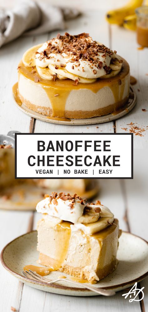 Vegan Banana Pudding Cheesecake, Banoffee Cheesecake No Bake, Banana Caramel Cheesecake, Vegan Banana Cheesecake, No Bake Banana Cheesecake, Cheesecake Salted Caramel, Banana Cheesecake Recipe, Vegan Banoffee, Banoffee Cheesecake