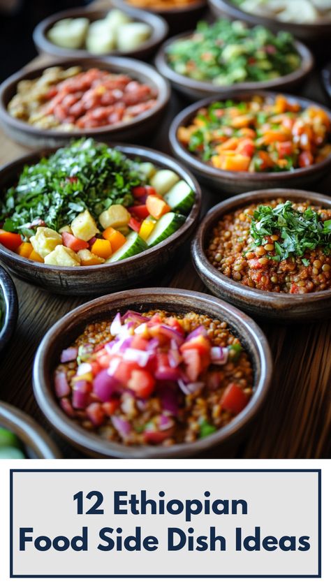 Colorful Ethiopian side dishes, including savory lentil stews and spiced vegetable platters, served in traditional bowls on a wooden table. Ethiopian Dessert Recipes, Ethiopian Recipes Authentic, Ethiopian Potatoes, African Dishes Recipes, Somalian Food, Ethiopian Food Recipes, Ethiopian Lentils, Ethiopian Recipes, Side Dish Ideas