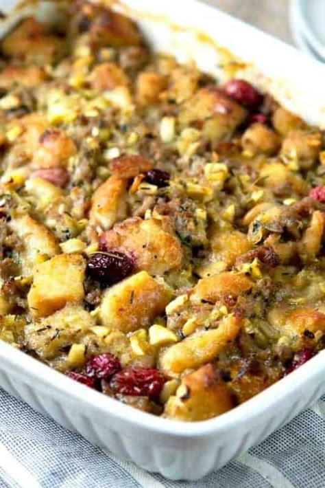 Our familys tried & true stuffing recipe 15 yrs + now with sausage, small bits of apples and dried cranberries, sage, rosemary and thyme. It's perfect! Sausage Cranberry Apple Stuffing, Cranberry Apple Stuffing, Thanksgiving Sausage, Apple Stuffing, Stuffing Recipes For Thanksgiving, Best Thanksgiving Recipes, Thanksgiving Dinner Recipes, Cranberry Apple, Thanksgiving Stuffing