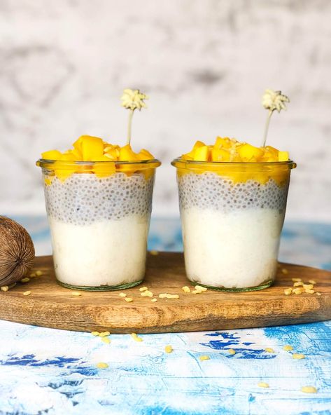 Sticky Rice And Mango, Sticky Rice Pudding, Sticky Rice Dessert, Overnight Oats Chia Pudding, Coconut Sweet Potato, Oats Chia Pudding, Thai Sticky Rice, Asian Drinks, Mango Chia Pudding