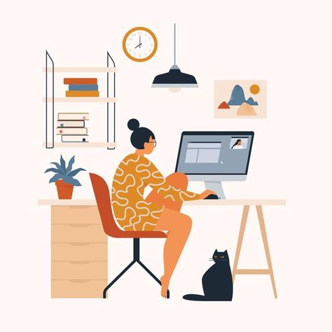 Woman working at her desk at home. She has a lot of work. Woman working with laptop at her work desk and testing ui and ux. Vector illustration of student studying at home. Working With Laptop, Studying At Home, Smiling Person, Hipster Clothes, Man Desk, Desk At Home, School Illustration, Wifi Sign, Isometric Design