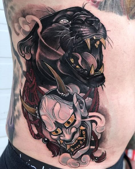 Traditional Panther Tattoo, Black Panther Tattoo, Backpiece Tattoo, Neo Tattoo, Leopard Tattoos, Panther Tattoo, Creepy Tattoos, Tatuaje A Color, Badass Tattoos