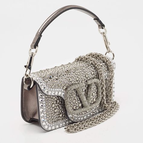 Valentino Silver/Gun Metal Suede Crystals Small VLogo Shoulder Bag Luxury Closet, Bag Bag, Bag Shoulder, Shoulder Bag, Crystals, Silver, Luxury Wardrobe