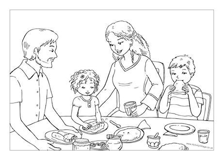 Eating pancakes on Pancake Day colouring page Pancake Day Colouring Pages, Eating Pancakes, Dover Publications Coloring, Minions Coloring Pages, Family Coloring Pages, Human Figure Sketches, Scene Drawing, Bible Coloring Pages, Colouring Page