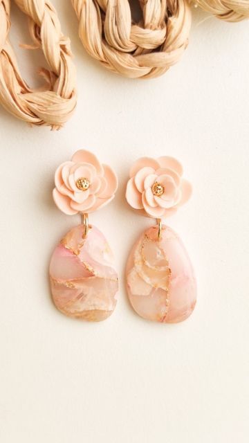 Rose Quartz Polymer Clay Earrings, Polymer Clay Chandelier Earrings, Rose Polymer Clay Earrings, Classy Polymer Clay Earrings, Clay Wedding Earrings, Polymer Clay Wedding Earrings, Valentines Clay Earrings, Spring Polymer Clay Earrings, Polymer Clay Jewelry Ideas