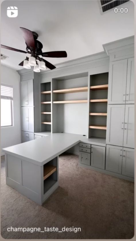 Wrap Around Desk With Storage, Office Interior Design Storage, L Shaped Desk With Built Ins, Office With Peninsula Desk, Home Office Storage Cabinets Organization Ideas, Peninsula Desk Office, Ikea Office For 2, 2 L Shaped Desk Office Layout, Built In Office Desk And Cabinets L Shape