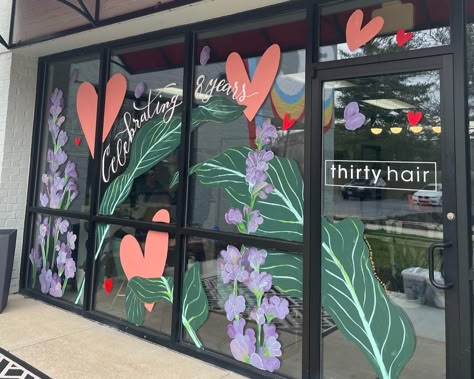 Windows — okay everything Hair Salon Window Painting, Window Graphic Design Store Fronts, Storefront Window Painting, Mirror Painting Ideas, Windows Painting, Painting Windows, Mural Stickers, Exterior Murals, Window Paintings