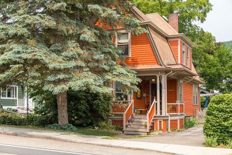 Photo 1 of 9 in In Upstate New York, a Victorian House With a Wild Side Asks $750K - Dwell House Vibes, Beautiful Home Designs, Orange House, Orange Paint, Train Ride, Victorian House, Open Layout, Painting Trim, Green Tile