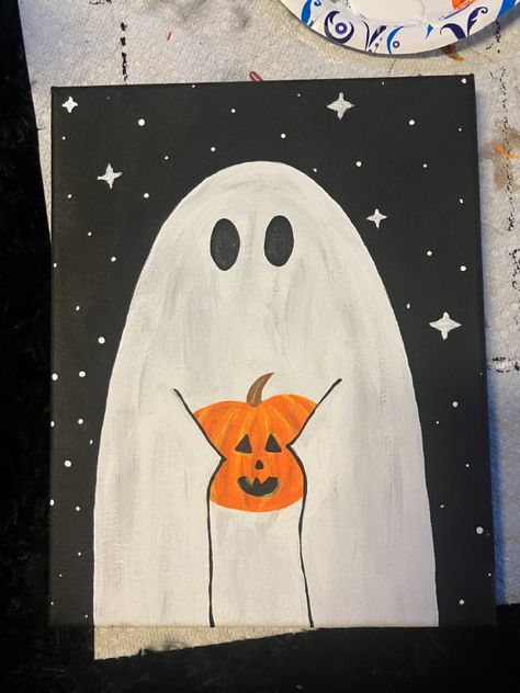 #painting #art #paintingidea #halloweenpainting #halloween Painting Ideas On Canvas Fall Aesthetic, Halloween Ghost Painting, Paint Halloween, Fall Paintings, Kids Canvas Painting, Ghost Painting, Fall Canvas Painting, Fall Canvas, Cute Paintings