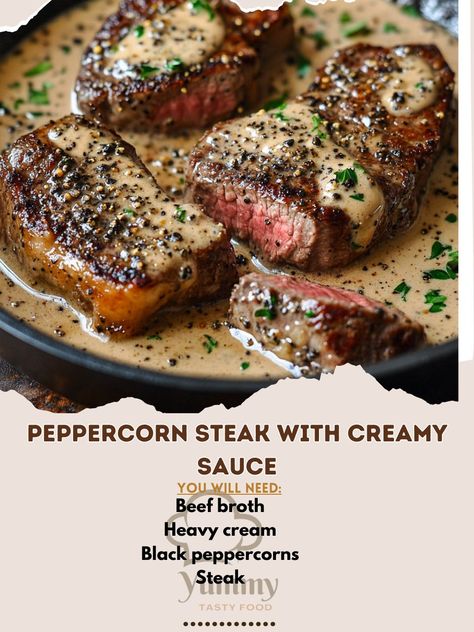 🥩🍽️ Peppercorn Steak with Creamy Sauce – Savor the bold flavors of peppercorn steak with a rich, creamy sauce. A restaurant-worthy dish at home! 🥩✨ #SteakDinner #CreamySauce Peppercorn Steak with Creamy Sauce Ingredients: Steak (2, 8 oz each) Black peppercorns (2 tbsp, crushed) Heavy cream (1/2 cup) Beef broth (1/2 cup) Dijon mustard (1 tbsp) Olive oil (2 tbsp) Salt (to taste) Instructions: Rub steaks with crushed peppercorns and salt. Heat olive oil in a skillet and cook steaks to desire... Steak With Black Pepper Sauce, Brandy Peppercorn Sauce For Steak, Peppercorn Sauce For Steak, Peppercorn Steak, Recipes Steak, Beef Steaks, Tenderloin Steak, Peppercorn Sauce, Steak Sauce