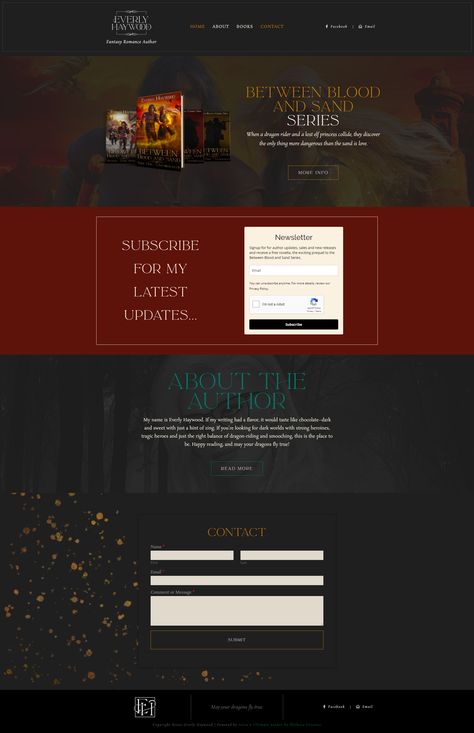 We designed this dark-themed site for fantasy author Everly Haywood using our custom template system, Ultimate Author. This system allowed us to complete her new site from start to finish in just one week and at a very minimal cost. Need a logo, branding, or web design? I'm your gal! Author Website Design, Author Website, Author Branding, Fantasy Authors, Ya Fantasy, Dragon Rider, Wedding Site, Custom Templates, One Week