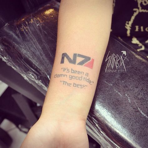 Mass Effect video game quote tattoo by Sarra Lynnette at Stingray Tattoo Mass Effect Quotes, Mass Effect Tattoo, Stingray Tattoo, Video Game Tattoos, Video Game Quotes, Effect Video, Gamer Tattoos, Nerd Tattoo, Video Game Tattoo