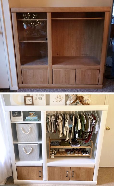 Repurposed Wardrobe, Baby Wardrobe, Entertainment Center Repurpose, Furniture Small Spaces, Diy Entertainment Center, Diy Furniture Renovation, Furniture Renovation, Furniture Hacks, Baby Diy