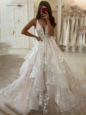 A-Line/Princess Applique Off-the-Shoulder Tulle Sweep/Brush Train Wedding Dresses - Wedding Dresses - Hebeos Dream Character, Willow Wedding, Famous Wedding Dresses, Puffy Wedding Dresses, Princess Bridal, Wedding Dress Boutiques, Bridal Party Dresses, Wedding Boho, A Wedding Dress