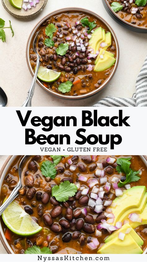 This vegan black bean soup is made with healthy, simple ingredients like canned black beans, veggies, and flavorful spices. Hearty and full of flavor! Top it with your favorite garnishes for a quick and easy dinner that the whole family will love. A Mexican inspired soup that freezes well and is great for weekend meal prep. Vegan, vegetarian, gluten free, and dairy free. Black Bean Soup Vegan, Vegan Black Bean Soup, Meal Prep Vegan, Soup Gluten Free, Weekend Meal Prep, Black Bean Soup Recipe, Soup Beans, Vegan Ideas, Flavorful Vegetables