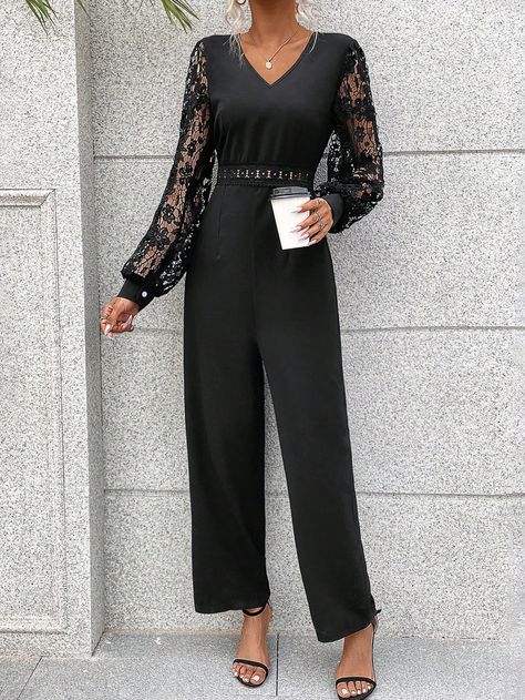 Black Elegant Collar Long Sleeve Woven Fabric Plain Other Embellished Non-Stretch Fall/Winter Women Clothing Jumpsuit Outfit With Sleeves, Jumpsuit Outfit Formal, Black Pants Outfit Dressy, Winter Jumpsuit Outfit, Pants Outfit Dressy, Lace Lanterns, Black Pants Outfit, Winter Jumpsuit, Jumpsuit Outfit