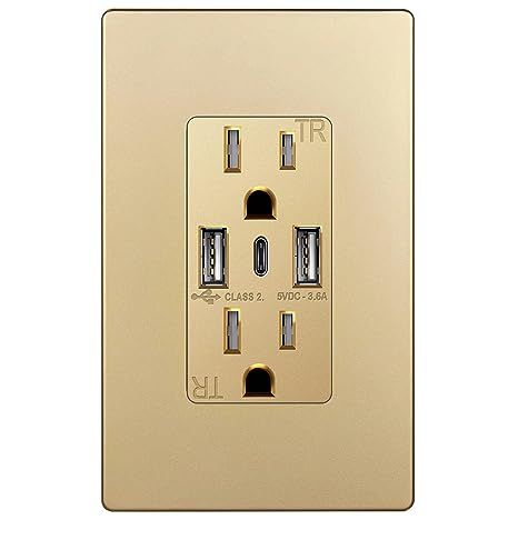 Amazon.com: TOPGREENER USB Outlet, 3-Port Type C USB Wall Outlet, 15 Amp Tamper-Resistant Receptacle Plug, Charging Power Outlet with USB Ports, UL Listed, TU21536AC3-GD, Gold with Wall Plate : Electronics New House Living Room, House Wiring, Usb Outlet, Wall Outlet, Charging Cord, Wall Boxes, Wall Outlets, Electrical Outlets, Tech Support