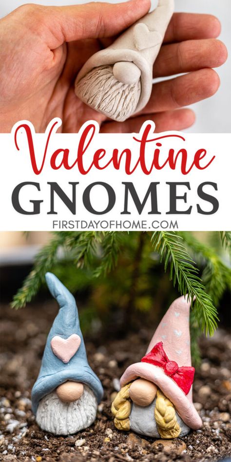 Clay Gnomes, Clay Projects For Kids, Gnome Pictures, Valentine Craft, Valentine Gnome, Diy Air Dry Clay, Art Palette, Clay Things, Valentine Desserts