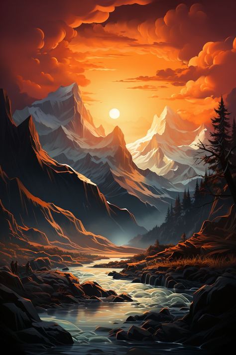 Sunset Canvas Painting, Late Evening, Mountains Landscape, Art Painting Gallery, Art Gallery Wallpaper, Sunset Wallpaper, Beautiful Locations Nature, Cool Wallpapers Art, Beautiful Landscape Wallpaper