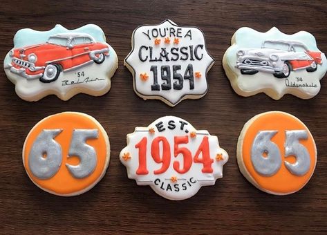 Classic Car Cookies Decorated, Classic Cars Party, Vintage Car Cookies, Classic Car Cookies, 65th Birthday Cookies, 65th Birthday Ideas For Dad, 60th Birthday Party Themes, Rolled Cookies, Classic Cars Birthday Party