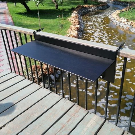 Balcony Table Space Saver Balcony Bar Table for Railing - Etsy Balcony Railing Desk, Patio Furniture Small Space, Small Deck Decor, Small Balcony Decorating Ideas, Balcony Bar Table, Railing Table, Black Balcony, Small Deck Furniture, Railing Balcony