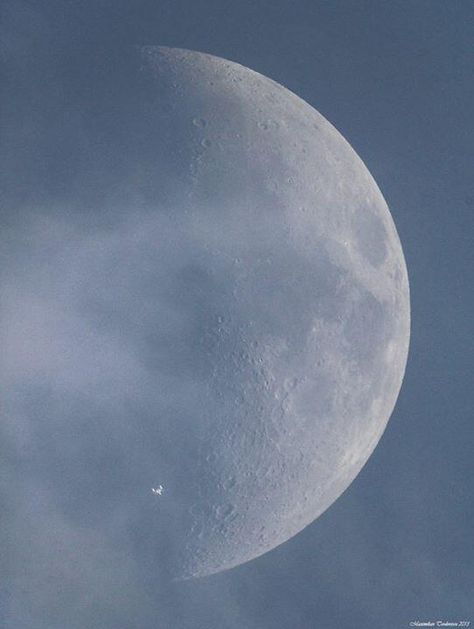 The ISS in front of the daytime moon. You Are My Moon, Shoot The Moon, Moon Photos, Look At The Moon, Starship Enterprise, Space Pictures, Uss Enterprise, International Space Station, Space Nasa