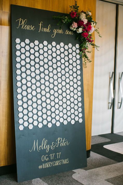 Hexagon Shaped Escort Cards on Black and White Wall Reception Seating Chart, Floral Envelope Liner, Modern Wedding Reception, Lush Wedding, Reception Bride, Wedding Reception Seating, Wedding Planner App, Gold Foil Wedding Invitations, Gold Foil Wedding