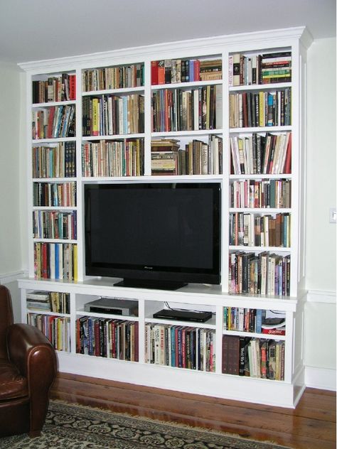 A 52 flat-screen surrounded by books.  Widescreen TV Cabinet and Library by Tony O'Malley Custom Woodworking at CustomMade.com Tv Bookcase, Tv Stand Bookshelf, Bookshelves With Tv, Kids Bedroom Remodel, Tv Built In, Small Bedroom Remodel, Bookshelves In Living Room, Home Library Design, Bedroom Remodel