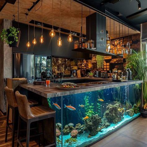 Surf Shack Kitchen, Unique Fish Tanks, 2024 Interior Design, Fusion Kitchen, Earth Sheltered Homes, Cool Fish Tanks, Fish Tank Design, Bohemian Style Decor, Boho Lifestyle