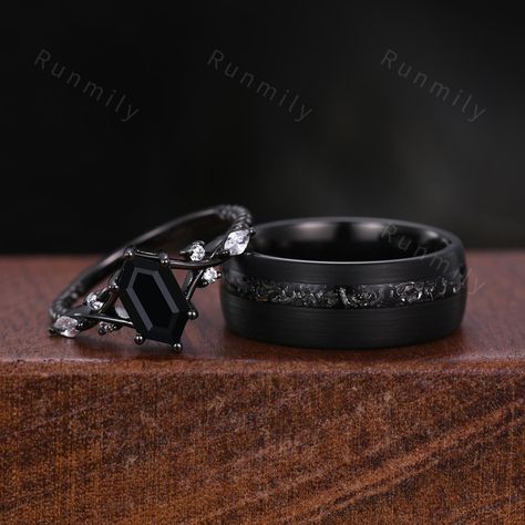 Here we have a Vintage Black Onyx Couples Ring Black Gold Matching Ring Set His and Hers Wedding Band Promise Ring For Men For Women Black Gemstone Ring ITEM DESCRIPTION ✦ Handmade, high-quality item! ✦ Material: Sterling Silver/Tungsten ►Sold as a two-piece set ►His ring is Black Gold Tungsten Carbide with meteorite inlay. ►His band width: 8mm ►His tungsten ring will not turn green itself and will not cause your skin to turn green.  ✦ Durable - Incredibly Scratch-Resistant to always look great. Matching Goth Rings, Mens Black Wedding Ring, Spooky Engagement Ring, Tattooed Wedding Rings, Black Wedding Rings Sets Couple, Spooky Rings, Wedding Rings Gold And Silver, Black Wedding Rings For Women, Dark Wedding Rings