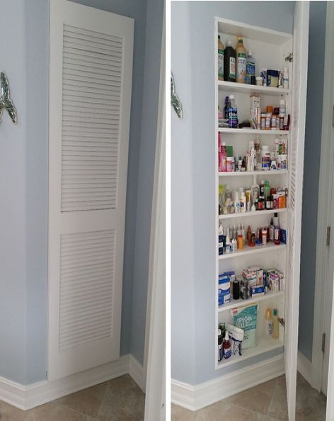 DIY medicine cabinet-LOVE this idea. Just go between studs and put in your own shelves. Voila...extra room for storage! Built In Wall Storage Bathroom, Bathroom Storage Medicine Cabinet, In Wall Cabinet Bathroom, Medicine Cabinet Kitchen, Recessed Closet Ideas, Recessed Wall Storage Bathroom, Recessed Cabinet In Wall, Recessed Wall Cabinet Bathroom, In Wall Bathroom Cabinet