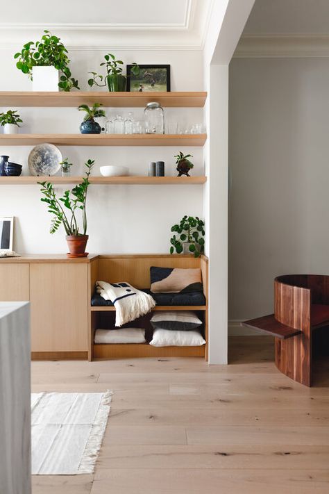 Wood — Shapeless Studio Architecture & Interiors Floating Shelf Ideas, Minimalism Living, Brooklyn Kitchen, Meditation Rooms, Design Room, Shelving Units, Decor Pillows, Built In Bench, Meditation Room