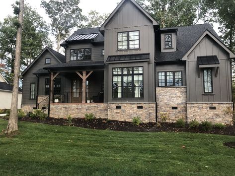 Gray Rock House Exterior, Rock House Exterior, Brown Brick House Exterior, Colors With Gray, Brown Brick Houses, Dark Grey Houses, Mountain Lake House, Grey Siding, Gray House