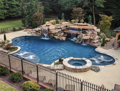 Awesome pool, but one end needs to be beach entry and there needs to be a swim up bar/grill on one side 👍🏼👍🏼👍🏼 Pool With Waterfall, Luxury Pools Indoor, Backyard Features, Luxury Pools Backyard, Backyard Pool Design, Landscaping Backyard, Luxury Swimming Pools, Diy Swimming Pool, Luxury Pools