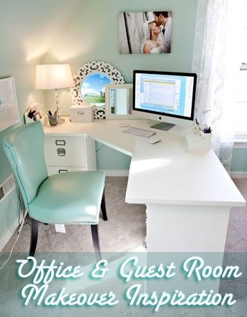 {I adore this office makeover from Katelyn James... so perfect! Had to share her excellent... Frugal Decor, Modular Desk, Cozy Home Office, Desks For Small Spaces, Office Guest Room, Shabby Chic Living Room, Office Makeover, Chic Living Room, Home Office Space