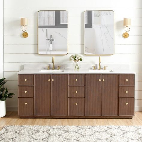 Oza Bath Vanity with Quartz Stone Top without Mirror - Bed Bath & Beyond - 39614576 Calacatta Quartz, Ceramic Undermount Sink, Double Bath, Modern Tops, Quartz Countertop, Transitional Bathroom Vanities, Double Bathroom, Bathroom Vanities For Sale, Double Bathroom Vanity