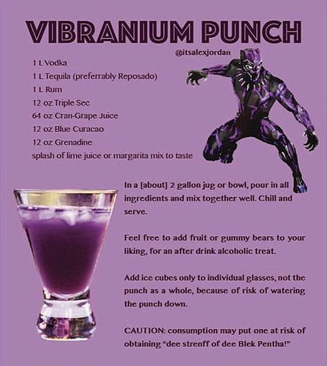 Unique Alcoholic Drinks, Gin Drink Recipes, Marvel Party, Summer Drinks Alcohol, Birthday Party Snacks, Refreshing Drinks Recipes, Black Panther Party, Themed Drinks, Mixed Drinks Recipes