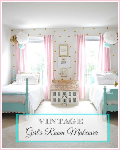 A vintage Girls room with painted twin beds, a pink and gold color scheme and easy DIY artwork. Vintage Girls Rooms, Shared Girls Room, Bilik Idaman, Pink Girl Room, Decor Ikea, Twin Beds, Vintage Bedroom