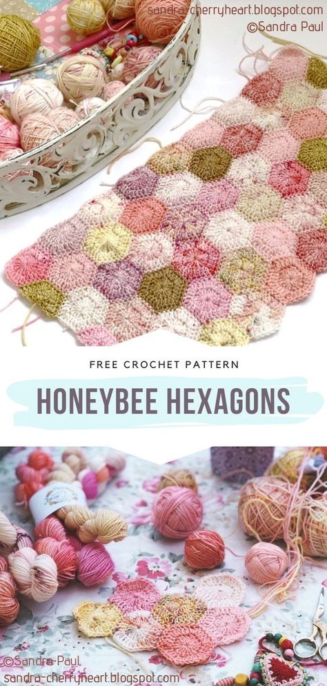 Tiny Crochet Hexagon, Hexagon Crochet Afghan Free Pattern, Granny Square Crochet Pattern Hexagon, Honeybee Hexagon Crochet, Hexagon Square Crochet Pattern, Crochet Nature Patterns, Knit Hexagon Pattern Free, Crochet Hexagons Free Pattern, Hexagon Knitting Pattern Free