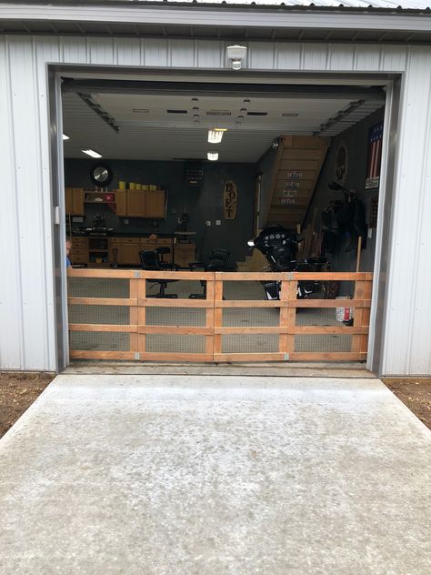 Dog gate Garage Door Dog Barrier, Garage Door Pet Barrier, Dog Gate For Garage Door, Garage Door Gates For Dogs, Garage Gate For Dog, Dog Area In Garage, Playroom Garage, Dog Condo, Diy Dog Gate