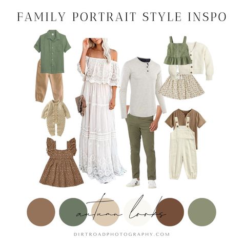 What to Wear for Your Fall Family Photos: A Guide to Perfectly Coordinating Outfits - dirtroadphotography.com Green And Beige Family Picture Outfits, Fall Family Outfits, Family Photos What To Wear, Family Portrait Outfits, Family Photo Colors, Fam Pics, Holiday Pics, Fall Family Portraits, Summer Family Photos