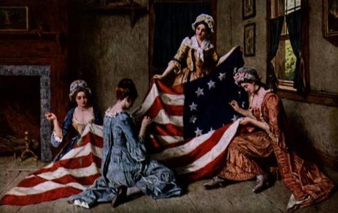 Betsy Ross is here depicted with helpers making the first flag.  Accurate? Learn more. First American Flag, Patriotic Pictures, Flag Painting, Betsy Ross, United States Flag, The American Flag, The First Americans, Historical Facts, Old Glory