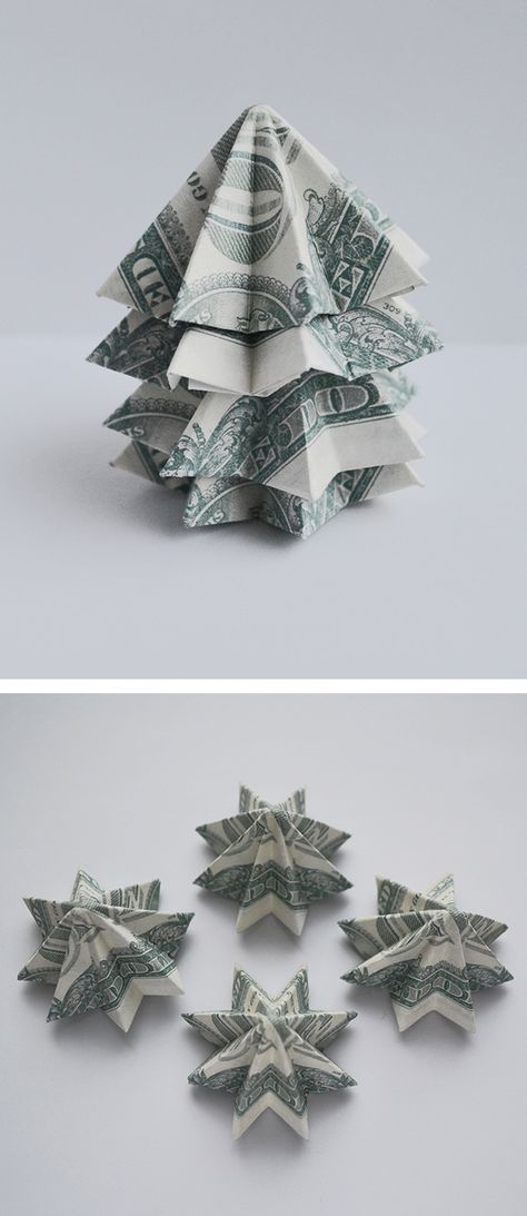 Money Origami Tree, Christmas Tree Dollar Bill Origami, Dollar Bill Christmas Tree, Origami With Money Easy, Origami Money Christmas Tree, Folding Money For Christmas, Easy Origami Money Folding, Money Christmas Tree Dollar Bills, Folding Money For Gifts Step By Step