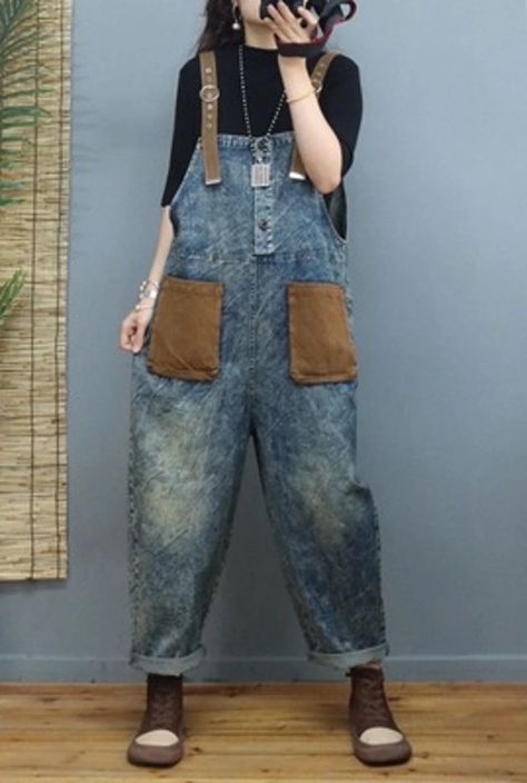 Lasaky - Contrast Color 3D Patch Pocket Denim Overalls with Vintage Loose Harem Long Pants Patchwork Overalls, Dark Green Jeans, Stonewash Jeans, Loose Overalls, Shop Street, Cotton Overalls, Blue Overalls, Denim Overall Dress, Denim Patterns