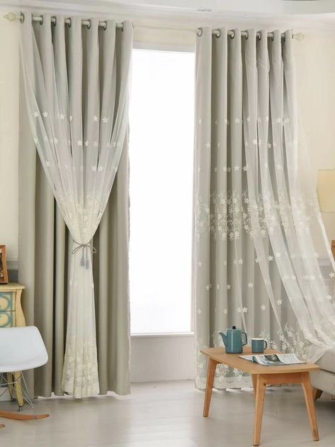 1pc Flower Embroidered Double Layer Curtain | SHEIN USA Double Layer Curtains, Layer Curtains, Bedrooms Modern, Curtain Inspiration, Living Room Curtain, Bathroom Window Curtains, Closet Curtains, Ikea Curtains, Bedroom Curtain