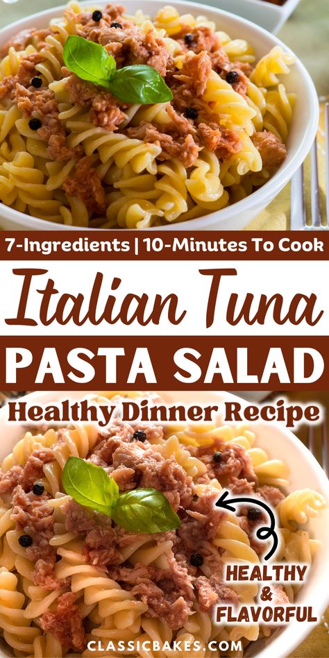 This Italian Tuna Pasta Salad is a quick and easy meal prep option suitable for picnics and barbecues. It can be made ahead, chilled, and served immediately, or paired with classic dishes like BBQ chicken sandwiches or blackened halibut. Blackened Halibut, Bbq Chicken Sandwiches, Tuna Pasta Salad Recipes, Italian Tuna, Tuna Pasta Salad, Classic Pasta Salad, Healthy Foods To Make, Delicious Family Dinners, Delicious Meal Prep