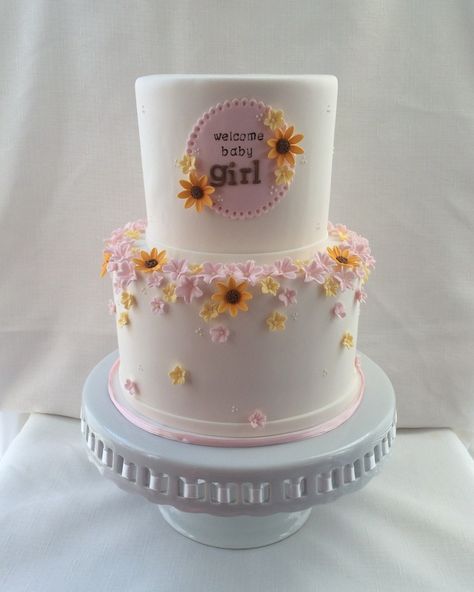 Sunflowers and pink blossoms baby shower cake for a girl - Kyrsten's Sweet Designs | Custom Designed Cakes and Cookie Favors Sunflower Baby Shower Cake, Baby Shower Cakes Girl Pink, Baby Shower Cupcakes For Girls, Pink Baby Shower Cake, Sunflower Cookies, Quince Cake, Baby Shower Sweets, Country Baby Shower, Sunflower Baby Showers