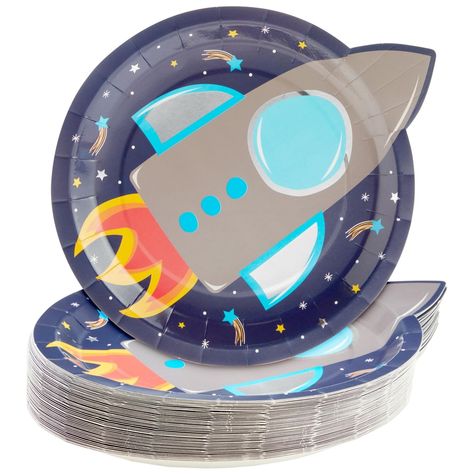 PRICES MAY VARY. Serves 48: Our dinnerware set includes space party plates that will take your dining table, buffet, or dessert table setting two the moon and allow you to serve multiple guests at a children's astronaut themed party Outer Space Party Decorations: The blue paper plates feature a large rocket ship in the center with stars and comets scattered throughout the background, perfect for celebrating your child's next trip around the sun Quick And Easy Clean-Up: You can quickly and easily Space Astronaut Birthday Party, Astronaut Birthday Theme, Space Birthday Party Decorations, Rocket Ship Birthday Party, Outer Space Party Decorations, Ship Paper, Plates For Kids, Outer Space Birthday Party, Planet Birthday