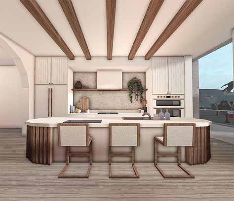 Ideas for modern ideas for coastal builds Bloxburg Breakfast Bar, Bloxburg Custom Builds, Kitchen Ideas Elegant, Bloxburg Kitchen Ideas, Bloxburg Beach House, Custom Island, Beach House Kitchen, Bloxburg Hacks, Blox Burg